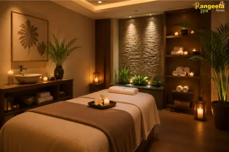 Warmly lit spa room with a massage bed, candles, plants, and neatly arranged towels creating a relaxing atmosphere in Ajman