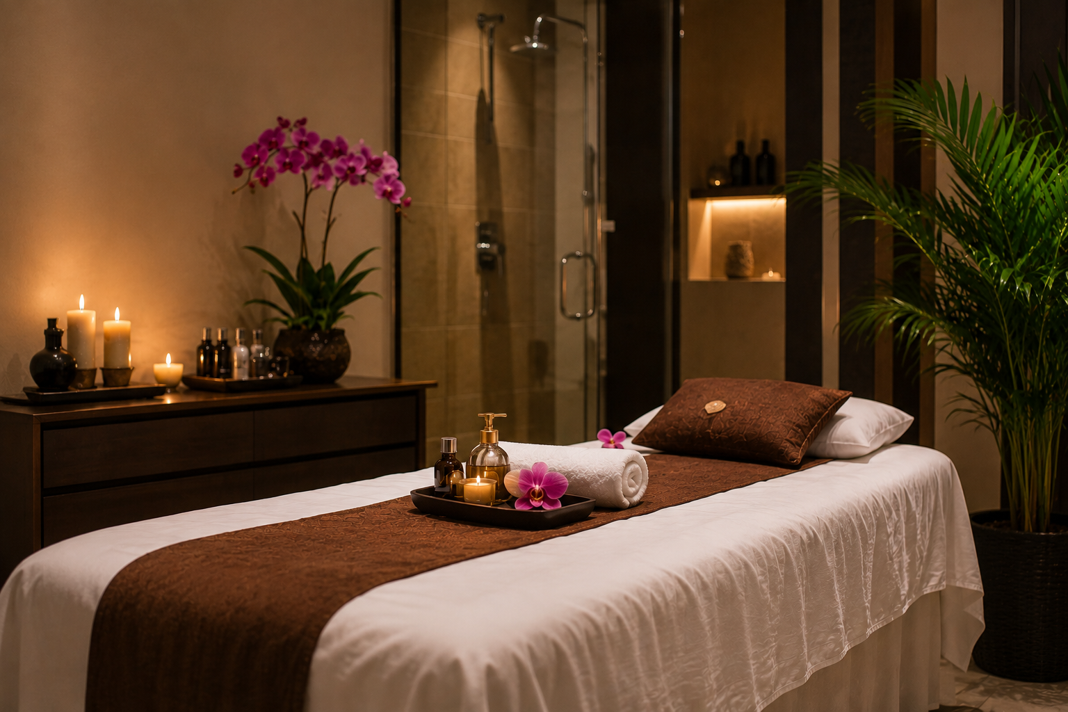 Luxury private treatment room at an Indian spa in Ajman with a massage bed, candles, fresh flowers, and a relaxing atmosphere.